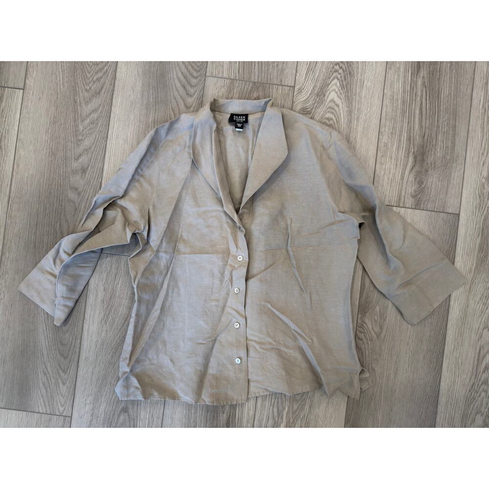 Eileen Fisher Pewter Petite Small Linen Silk 3/4 Sleeve Blouse Elegant